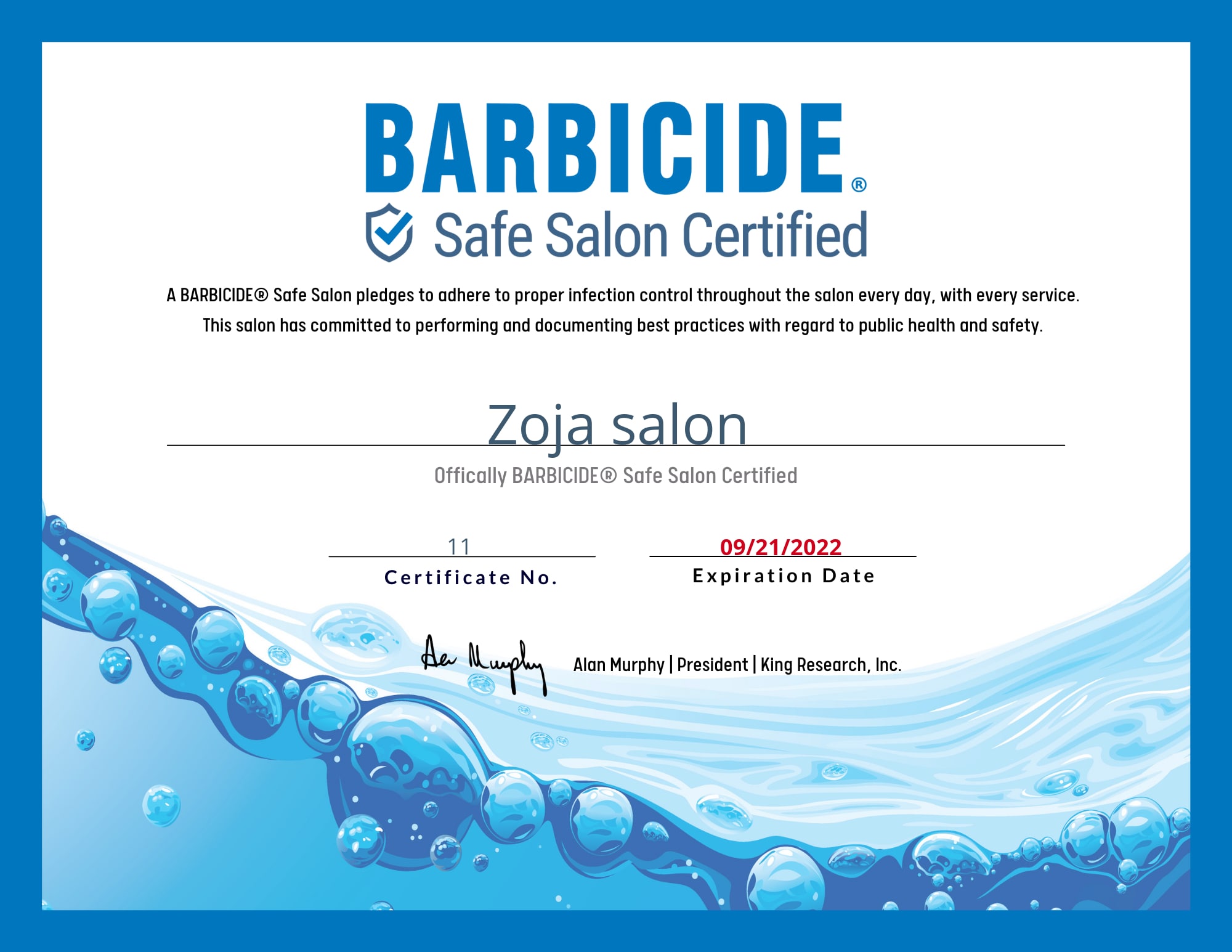Digital certificate for a Safe Shop Certified merit sent to Zoja salon from Safe Shop Certified