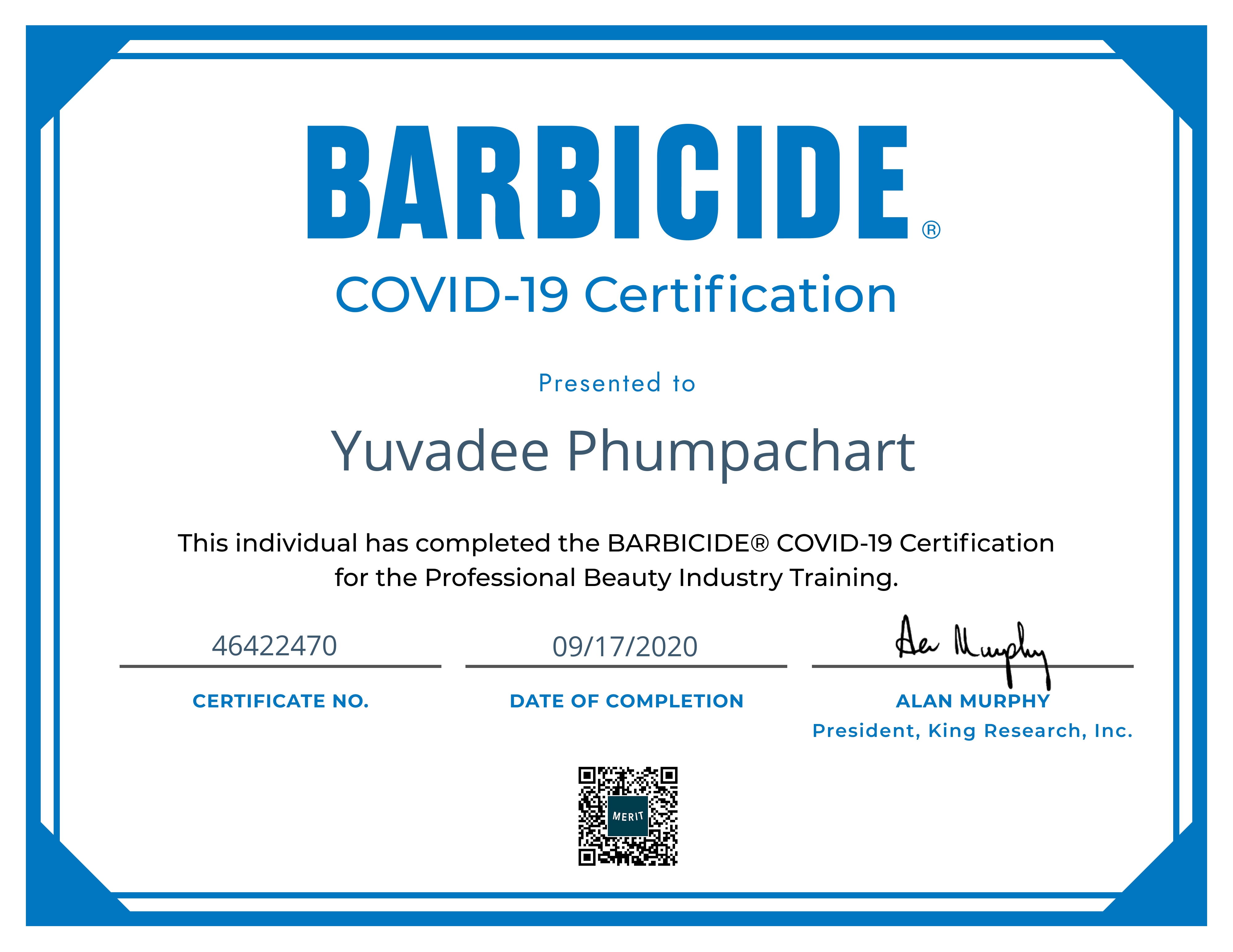 Digital certificate for a BARBICIDE® COVID-19 Certification merit sent to Yuvadee Phumpachart from BARBICIDE®