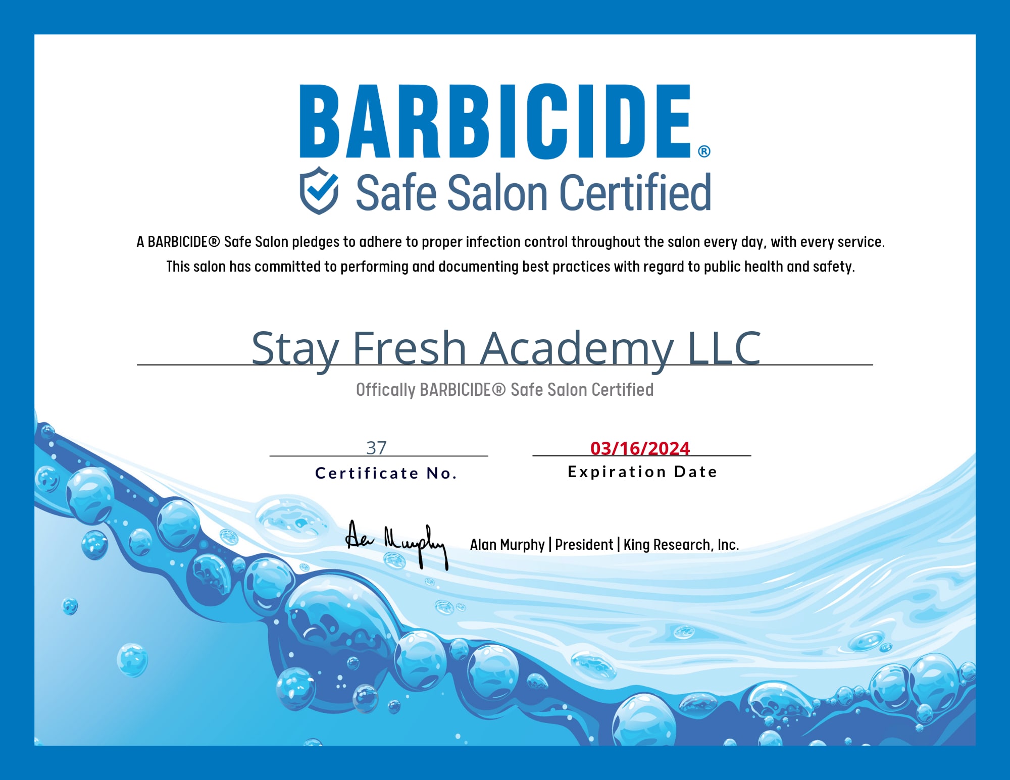 Digital certificate for a Safe Shop Certified merit sent to Stay Fresh Academy LLC from Safe Shop Certified